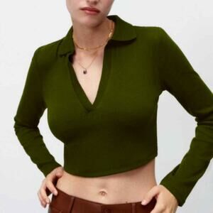 2/$30 ZARA Long Sleeve Cropped Ribbed Knit Polo Shirt Olive Split Neck #7329